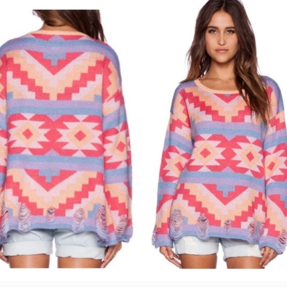 WILDFOX Desert Drive Multicolor PatternedSweater in Acid Pink. Size Small - Picture 2 of 15